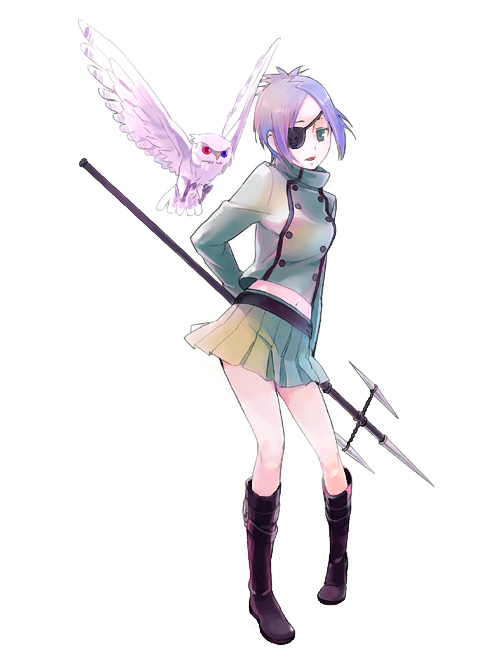 1girl bird breasts chrome_dokuro commentary_request eyepatch habuki katekyo_hitman_reborn! looking_at_viewer midriff polearm purple_eyes purple_hair rokudou_mukuro school_uniform short_hair simple_background skirt weapon white_background