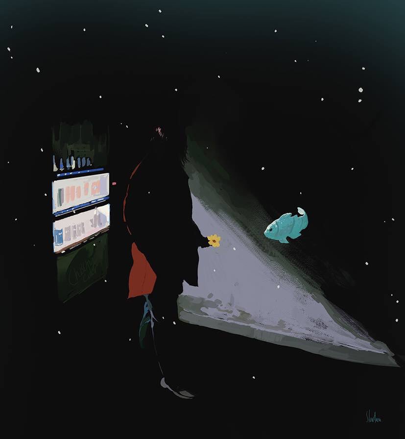 1boy animal black_background can display_case drink_can faceless faceless_male fish original shaded_face shadow slow_d vending_machine