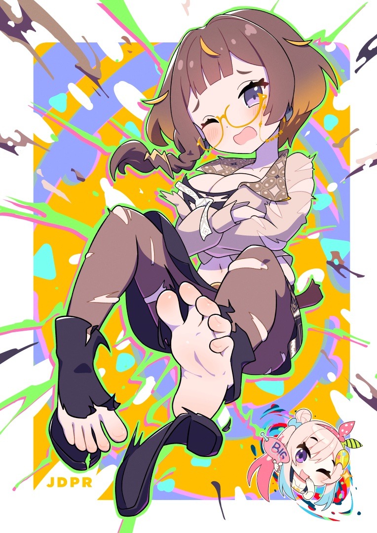 2girls airani_iofifteen airani_iofifteen_(1st_costume) anya_melfissa anya_melfissa_(indonesian_casual) arms_around_waist artist_name barefoot beige_shirt black_footwear black_skirt blue_hair blush boots braid breasts brown_hair brown_leggings bursting_clothes chibi embarrassed energy_gun english_text feet giant giantess glasses growth hair_ornament hair_ribbon hololive hololive_indonesia jdpr large_breasts leggings multicolored_hair multiple_girls one_eye_closed open_mouth paint_splatter pink_hair purple_eyes ray_gun ribbon short_hair side_ponytail skirt smile soles tight_clothes toenails toes torn_clothes torn_footwear virtual_youtuber weapon wink