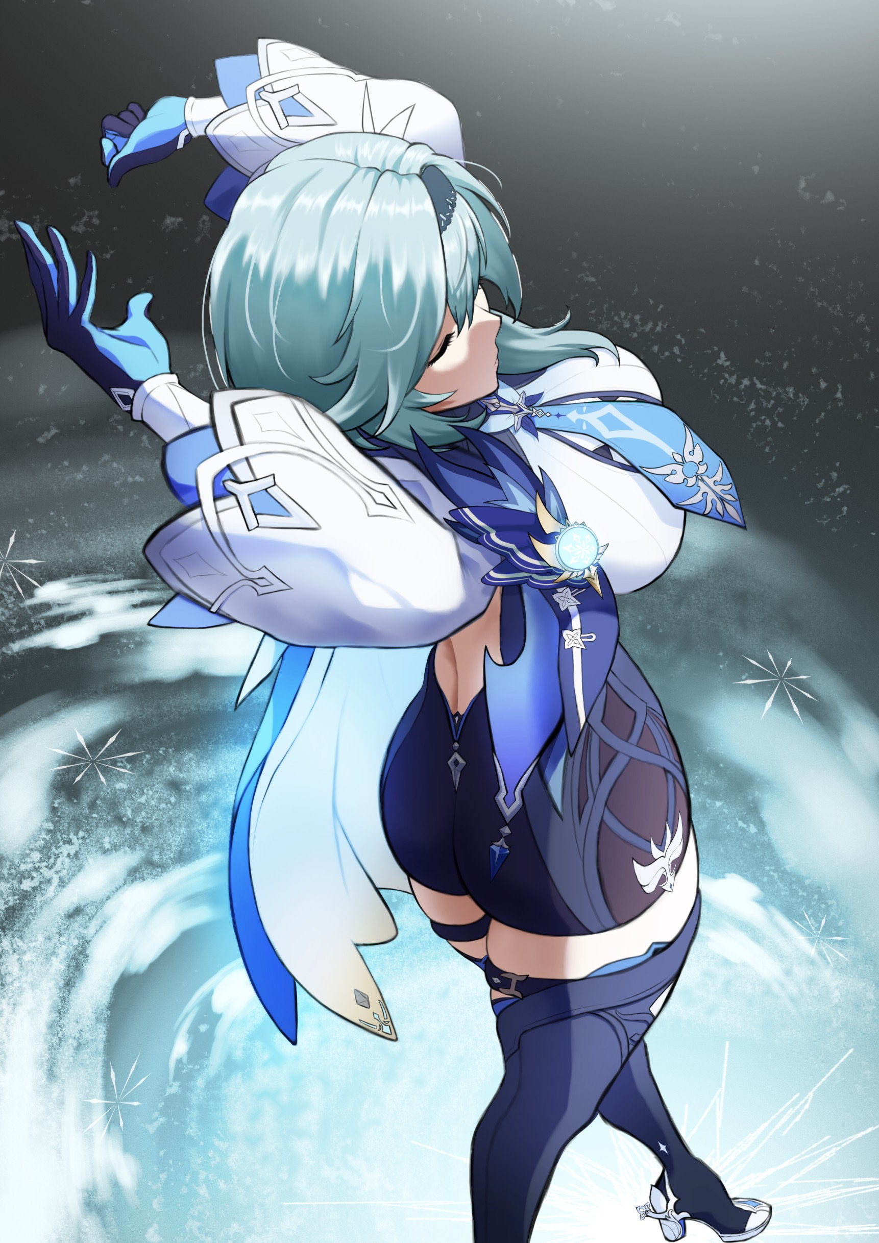1girl absurdres arms_up ass aura backless_outfit black_boots black_hairband blue_cape blue_gloves blue_hair blue_necktie boots breasts cape closed_eyes closed_mouth clothing_cutout crossed_legs dutch_angle eula_(genshin_impact) foot_out_of_frame foreshortening genshin_impact gloves hairband hands_up high-waist_shorts high_heel_boots high_heels highres kuremon large_breasts median_furrow medium_hair necktie shorts shoulder_cutout side_cape solo thigh_boots vision_(genshin_impact) watson_cross white_sleeves wide_sleeves