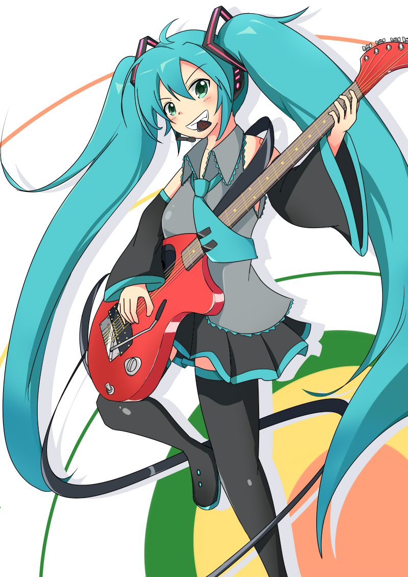 1girl ahoge aqua_hair boots detached_sleeves electric_guitar female_focus green_eyes grin guitar hatsune_miku headset instrument long_hair mouth_hold necktie plectrum skirt smile solo thigh_boots thighhighs twintails utouto very_long_hair vocaloid