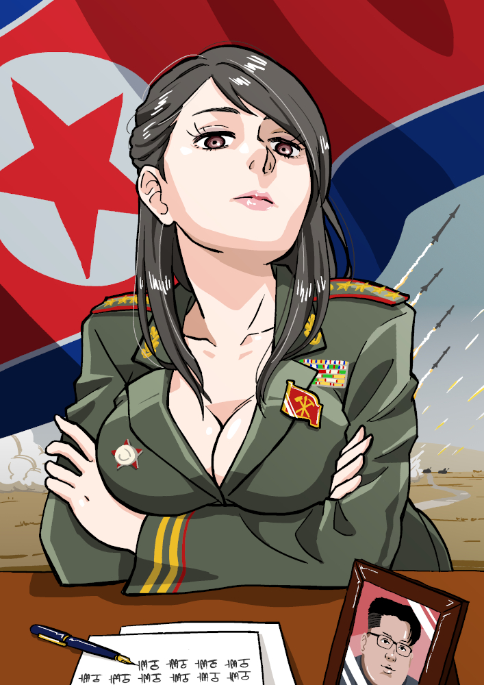 1girl black_hair breast_rest breasts brown_eyes cleavage communism crossed_arms facing_viewer female_focus jacket kim_jong-un kim_yo-jong korean_text large_breasts long_hair looking_at_viewer military military_dress_uniform military_jacket military_uniform missile north_korea north_korean_flag picture_frame real_life smalltung solo swept_bangs translation_request