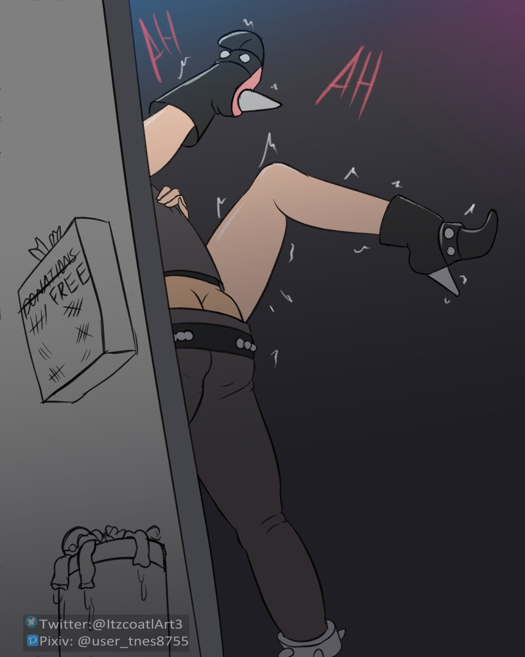 1boy 1girl condom graffiti highres implied_sex itzcoatl marnie_(pokemon) nintendo pokemon pokemon_swsh team_yell_grunt trash_can used_condom writing_on_wall