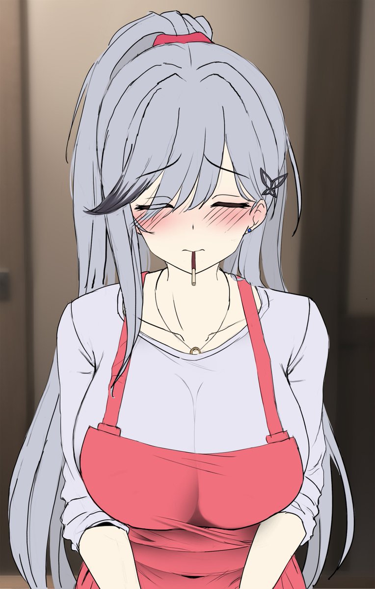 1girl alternate_costume apron artist_request azur_lane blush butterfly_hair_ornament closed_eyes collarbone dunkerque_(azur_lane) earrings facing_viewer female_focus food food_in_mouth hair_ornament hairstyle_request highres indoors jewelry pocky pocky_in_mouth pov solo standing straight-on upper_body urarasy v_arms