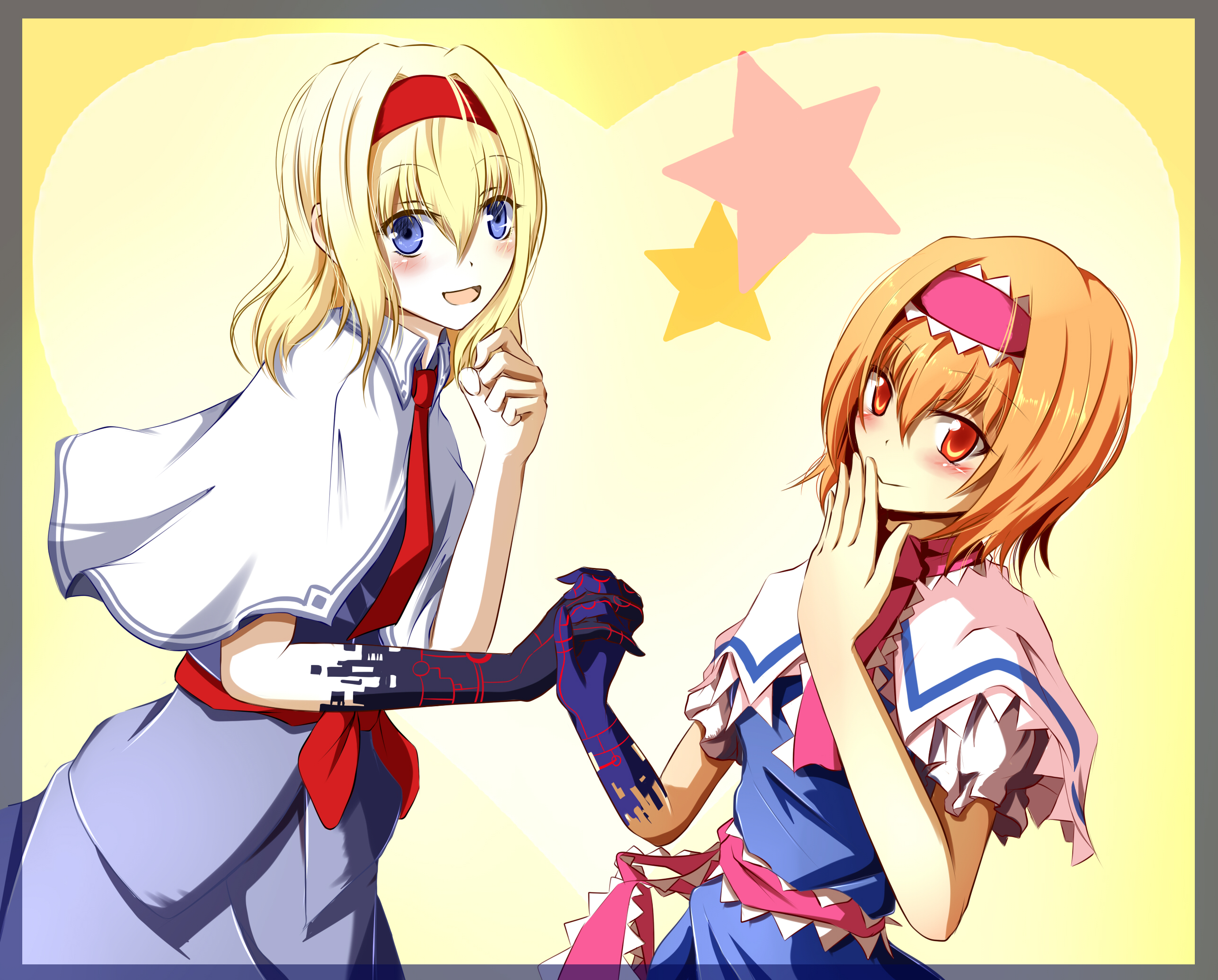 2girls alice_margatroid blonde_hair blue_dress blue_eyes blush border capelet closed_mouth collared_capelet commentary_request cookie_(touhou) dress dual_persona frilled_hairband frilled_necktie frilled_sash frills grey_border grey_shirt grey_skirt hairband hand_to_own_mouth highres hinase_(cookie) holding_hands looking_at_viewer multiple_girls necktie open_mouth orange_eyes orange_hair pink_hairband pink_necktie pink_sash red_hairband red_necktie sakuna_brownie sash shirt short_hair skirt skirt_set smile star_(symbol) touhou upper_body white_capelet yellow_background