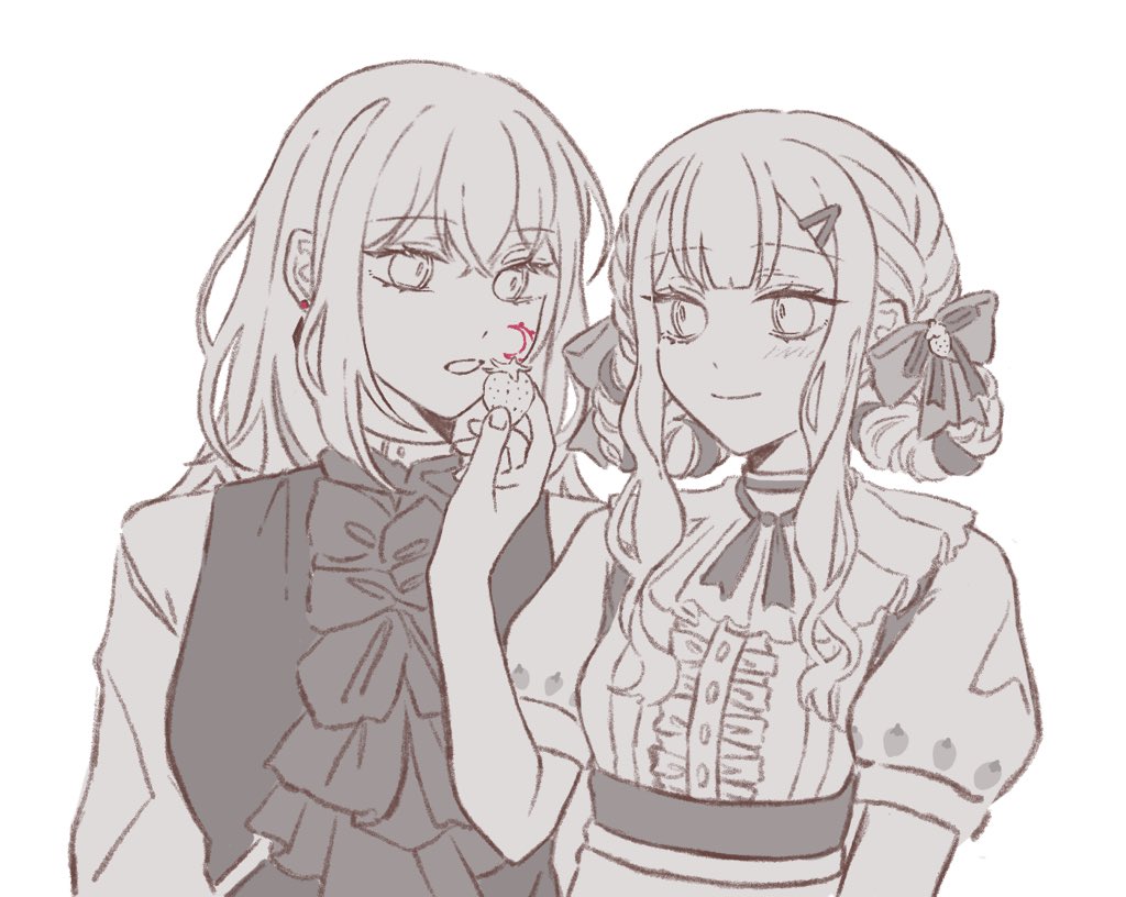 2girls aver_(yumenokessho) bang_dream! bang_dream!_it&#039;s_mygo!!!!! blush bow center_frills closed_mouth commentary doloris_(bang_dream!) double_bun earrings facial_mark food frills fruit greyscale hair_bow hair_bun hair_ornament hairclip jewelry misumi_uika monochrome multiple_girls open_mouth puffy_short_sleeves puffy_sleeves short_sleeves sidelocks simple_background spot_color strawberry sweets_paradise symbol-only_commentary upper_body white_background yumenokessho yuyuyang0402
