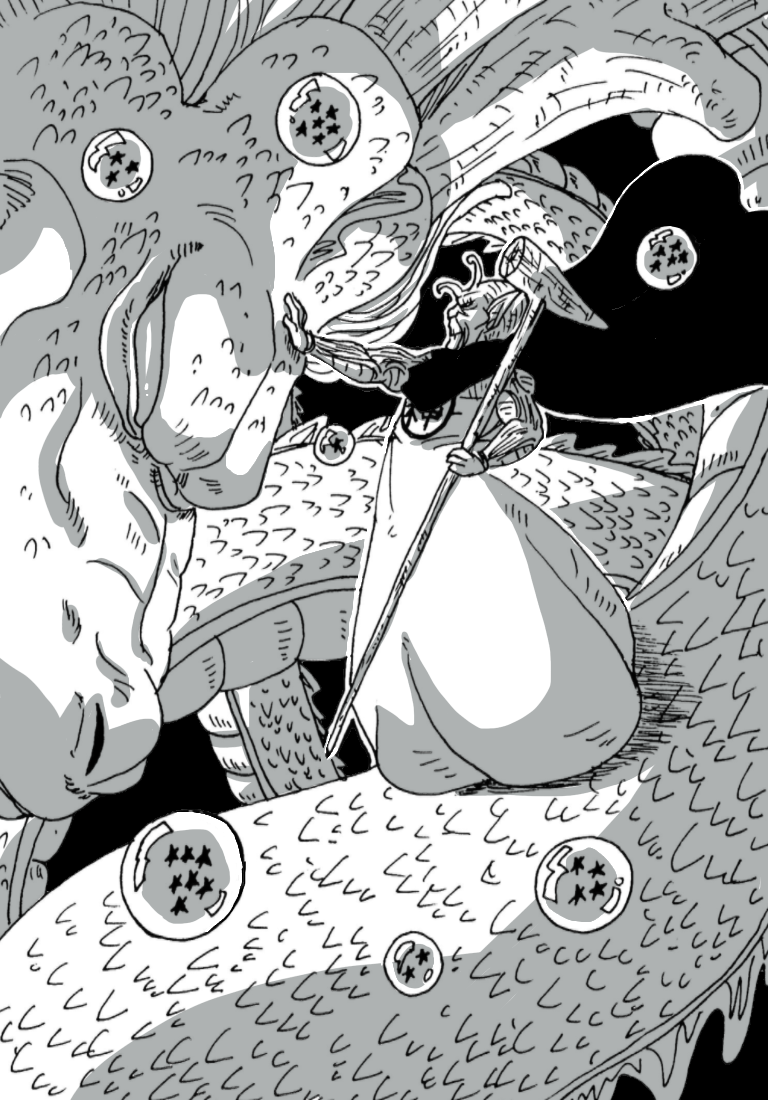 1boy animal antennae black_background cape dragon dragon_ball dragon_ball_(object) dragonball_z greyscale happy headpat kami-sama_(dragon_ball) male_focus monochrome shenron simple_background smile staff standing