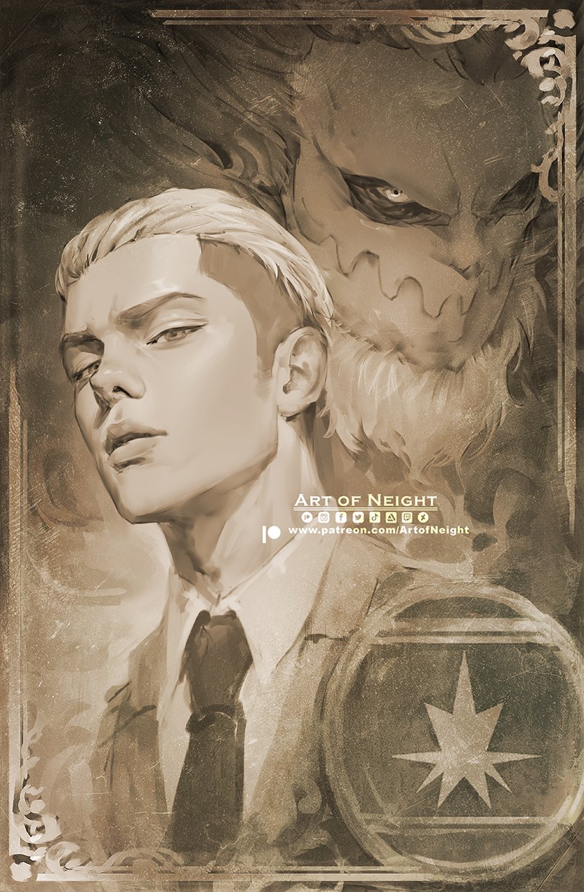 1boy art_of_neight artstation_logo border brown_theme coat deviantart_logo facial_hair greyscale hair_slicked_back highres jaw_titan looking_at_viewer male_focus marley_military_uniform monochrome necktie ornate_border porco_galliard portrait realistic sepia shingeki_no_kyojin sideburns_stubble stubble tiktok_logo titan_(shingeki_no_kyojin) twitch_logo twitter_logo undercut watermark
