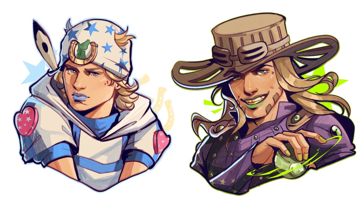 2boys ball beanie beard blonde_hair blue_eyes blue_lips blue_nails blue_sleeves brown_hair brown_hat commentary cowboy_hat cropped_torso facial_hair feathers goggles goggles_on_headwear green_ball green_eyes green_lips grin gyro_zeppeli hat heart_ornament holding holding_ball hood hood_down hoodie horseshoe horseshoe_hat_ornament horseshoe_ornament johnny_joestar jojo_no_kimyou_na_bouken lis_cepu long_hair male_focus medium_hair multiple_boys short_sleeves smile spinning star_(symbol) star_print steel_ball_(jojo) steel_ball_run teeth white_background white_hat white_hoodie white_sleeves yellow_nails