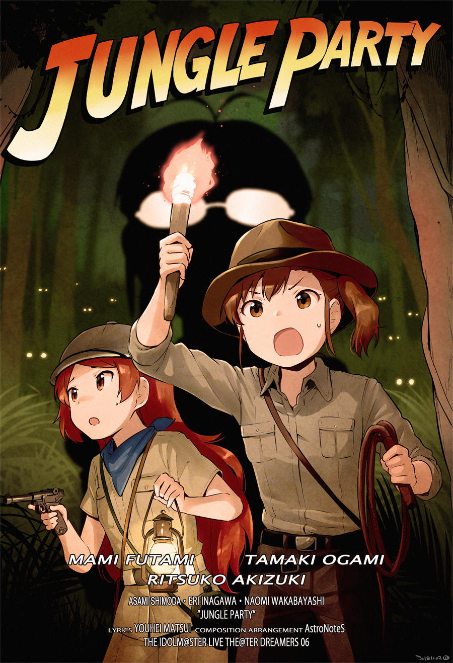 3girls akizuki_ritsuko bandana belt blue_bandana brown_eyes brown_hair brown_headwear brown_pants canteen character_name commentary copyright_name cosplay english_commentary english_text futami_mami glasses gun handgun hat highres holding holding_gun holding_lantern holding_torch holding_weapon holding_whip idolmaster idolmaster_million_live! indiana_jones indiana_jones_(cosplay) indiana_jones_(series) lantern long_hair luger_p08 movie_poster multiple_girls nagian ogami_tamaki open_mouth pants song_name sweatdrop torch very_long_hair weapon