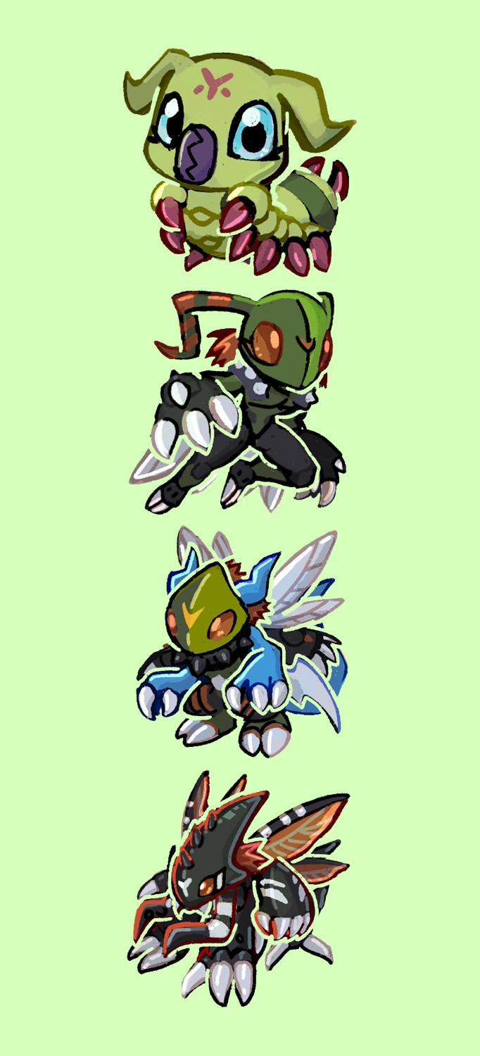 bug claws digimon digimon_(creature) digimon_adventure_02 dinobeemon evolutionary_line grankuwagamon highres simple_background stingmon wings wormmon