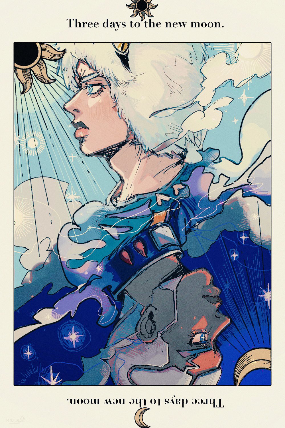 2boys blue_eyes commentary_request crescent dark-skinned_male dark_skin english_text enrico_pucci hat highres jojo_no_kimyou_na_bouken lips long_sideburns male_focus mirror_opposites multiple_boys natchan_blue_(nanairopenki) profile rotational_symmetry sideburns stone_ocean symmetry weather_report white_hair