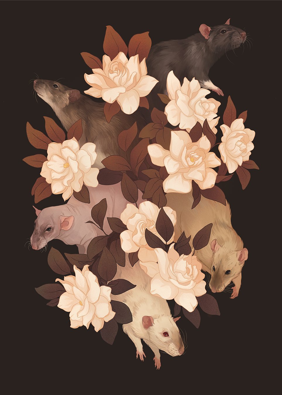5others animal animal_ears animal_focus bald black_eyes commission dark_background flower highres leaf mouse_(animal) mouse_ears mouse_tail multiple_others no_humans norapotwora original procreate_(medium) red_eyes simple_background smelling tail whiskers white_flower