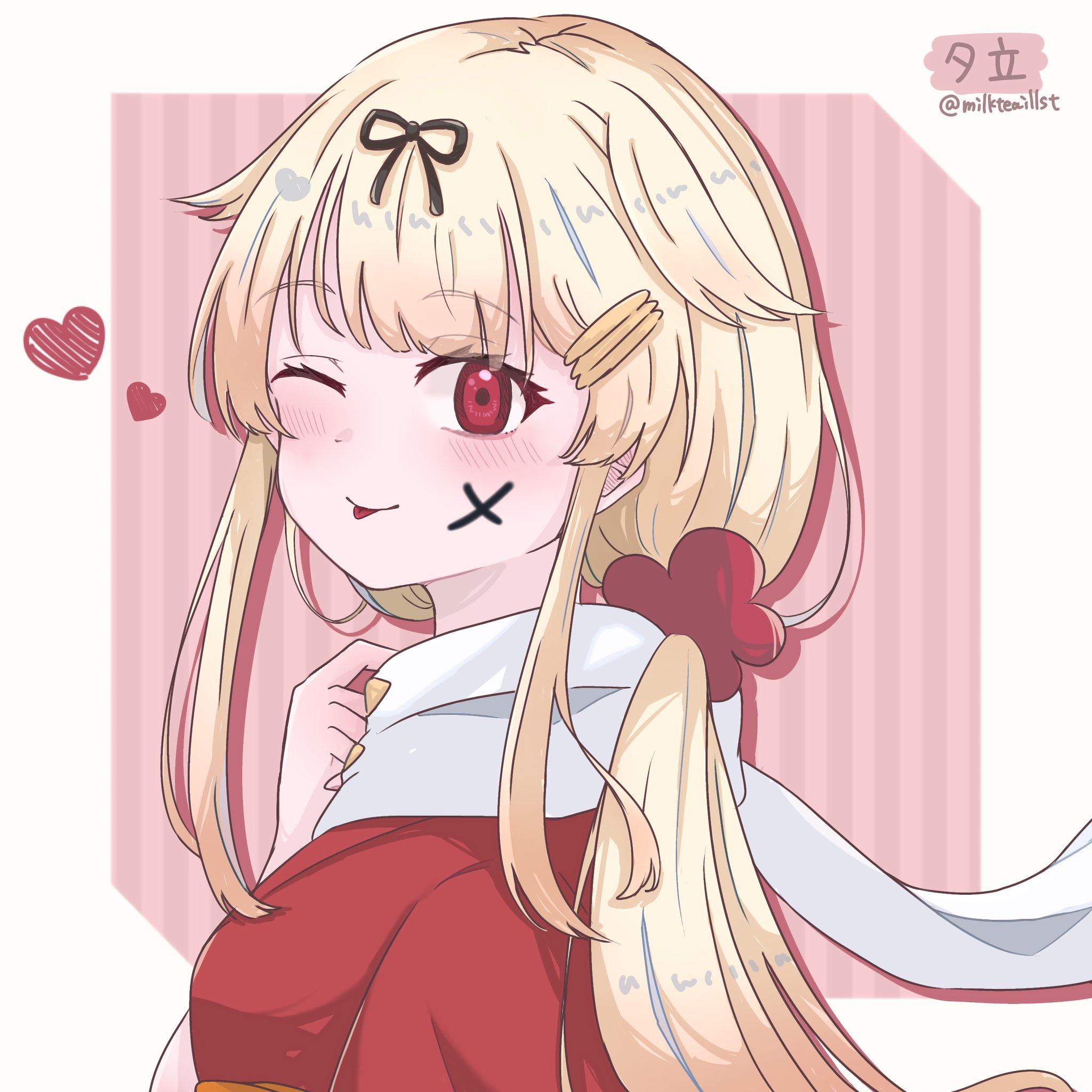 1girl black_ribbon blonde_hair blush character_name facial_mark from_side hair_ornament hair_ribbon hairclip hand_up heart highres japanese_clothes kantai_collection kimono long_hair long_sidelocks looking_at_viewer low_ponytail milktea_(milkteaillust) obi official_alternate_costume official_alternate_hairstyle one-hour_drawing_challenge one_eye_closed pink_background ponytail red_eyes red_kimono ribbon sash scarf sidelocks simple_background smile solo striped_background tongue tongue_out twitter_username upper_body white_background white_scarf x x_facial_mark yuudachi_(kancolle) yuudachi_(new_year)_(kancolle)