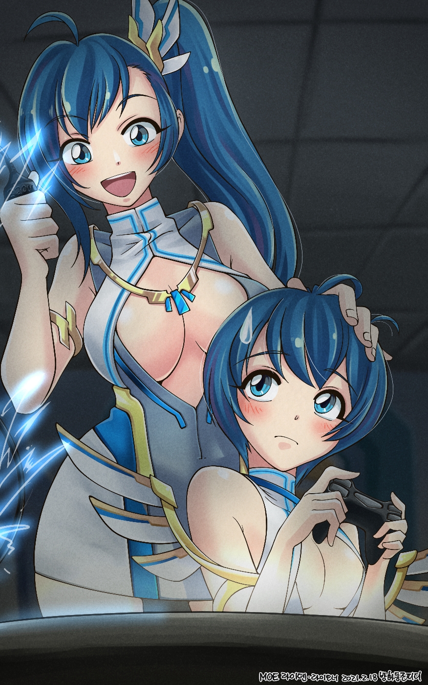 2girls :d ahoge artist_name banghwadongjopidi bare_shoulders blue_eyes blue_hair blush breasts ceiling center_opening character_name clenched_hand closed_mouth commentary_request controller copyright_name dated dot_nose dress electric_plug electricity game_controller hair_ornament hand_on_another&#039;s_head high_side_ponytail highres holding holding_controller holding_game_controller indoors korean_commentary large_breasts lighden_(master_of_eternity) light_frown lightoner_(master_of_eternity) long_hair looking_at_another master_of_eternity multiple_girls open_mouth partial_commentary playing_games short_dress short_hair sleeveless sleeveless_dress small_breasts smile sweatdrop teeth tile_ceiling tiles upper_teeth_only wireless_game_controller