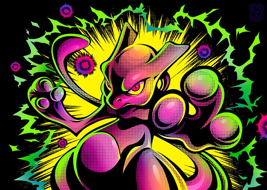 colored_sclera colored_skin derivative_work gen_1_pokemon glowing legendary_pokemon mewtwo nintendo no_humans pink_eyes pokemon pokemon_(creature) redesign screenshot_redraw serious signature simple_background solo tail versiris