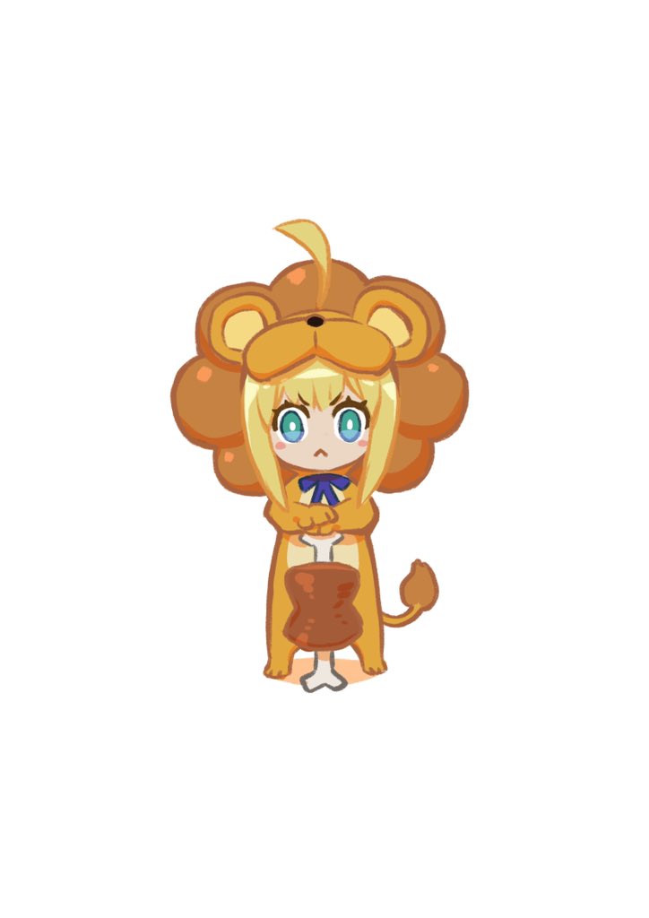 1girl :&lt; ahoge animal_costume aqua_eyes artoria_pendragon_(fate) blonde_hair boned_meat chibi fate/tiger_colosseum fate/unlimited_codes fate_(series) female_focus food green_eyes lion_costume meat miwa_shirow planted saber_lion solo standing weapon