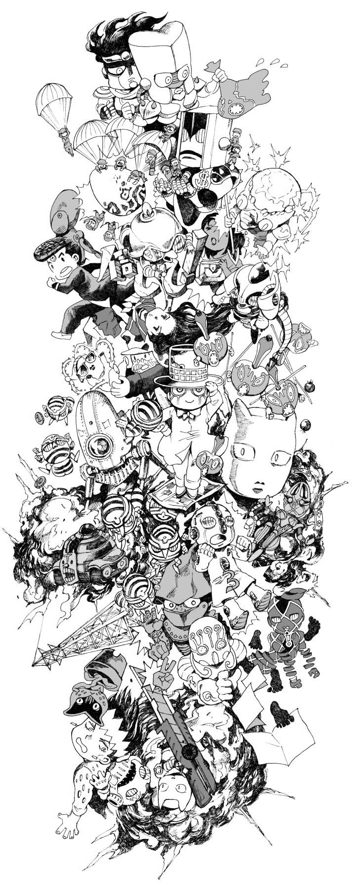 bad_company_(stand) bud_(korovsme) character_request cheap_trick_(stand) cinderella_(stand) crazy_diamond echoes_(stand) echoes_act1 echoes_act2 echoes_act3 egg gakuran graphite_(medium) greyscale harvest_(stand) heaven&#039;s_door higashikata_josuke highres highway_star_(stand) hirose_koichi jojo_no_kimyou_na_bouken killer_queen kishibe_rohan monochrome pearl_jam_(stand) pompadour ratt_(stand) school_uniform sheer_heart_attack simple_background stand_(jojo) star_platinum superfly_(stand) surface_(stand) the_hand_(stand) traditional_media white_background