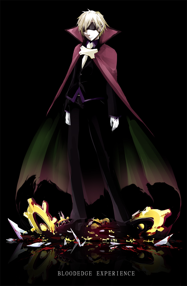 1boy black_background blazblue blazblue:_bloodedge_experience blindfold blonde_hair cape formal_clothes gears gloves male_focus mask motion reflection relius_clover short_hair suit aged_down