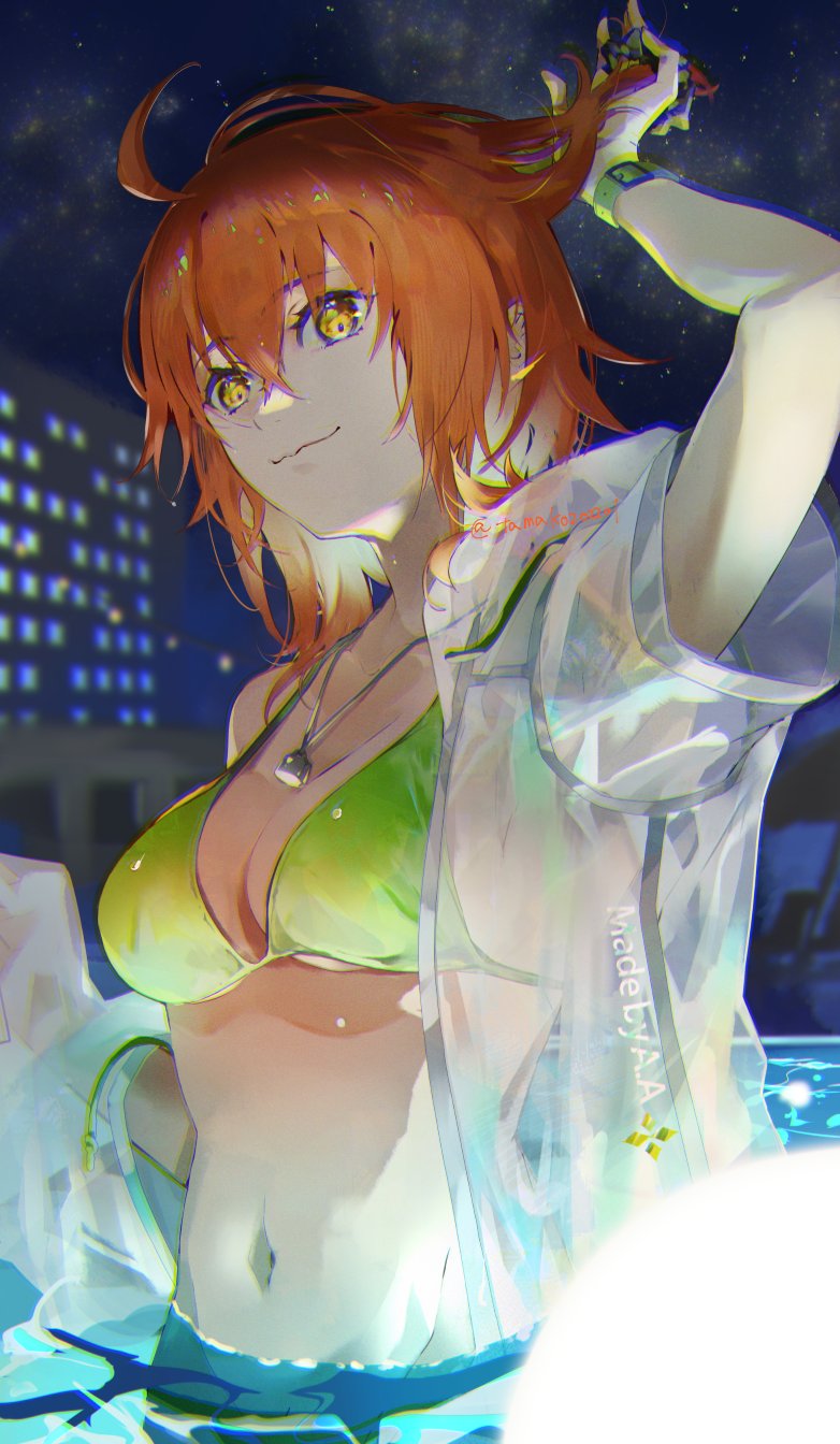 1girl ahoge armpits armpits_through_clothes arms_up bare_shoulders bikini breasts cleavage fate/grand_order fate_(series) fujimaru_ritsuka_(female) fujimaru_ritsuka_(female)_(summer_street) green_bikini hanako_(onikutabetaiyo) highres jewelry looking_at_viewer medium_breasts navel necklace night night_sky off_shoulder open_clothes orange_eyes orange_hair see-through_clothes shirt short_hair short_sleeves sky smile solo swimsuit wading water wet white_shirt