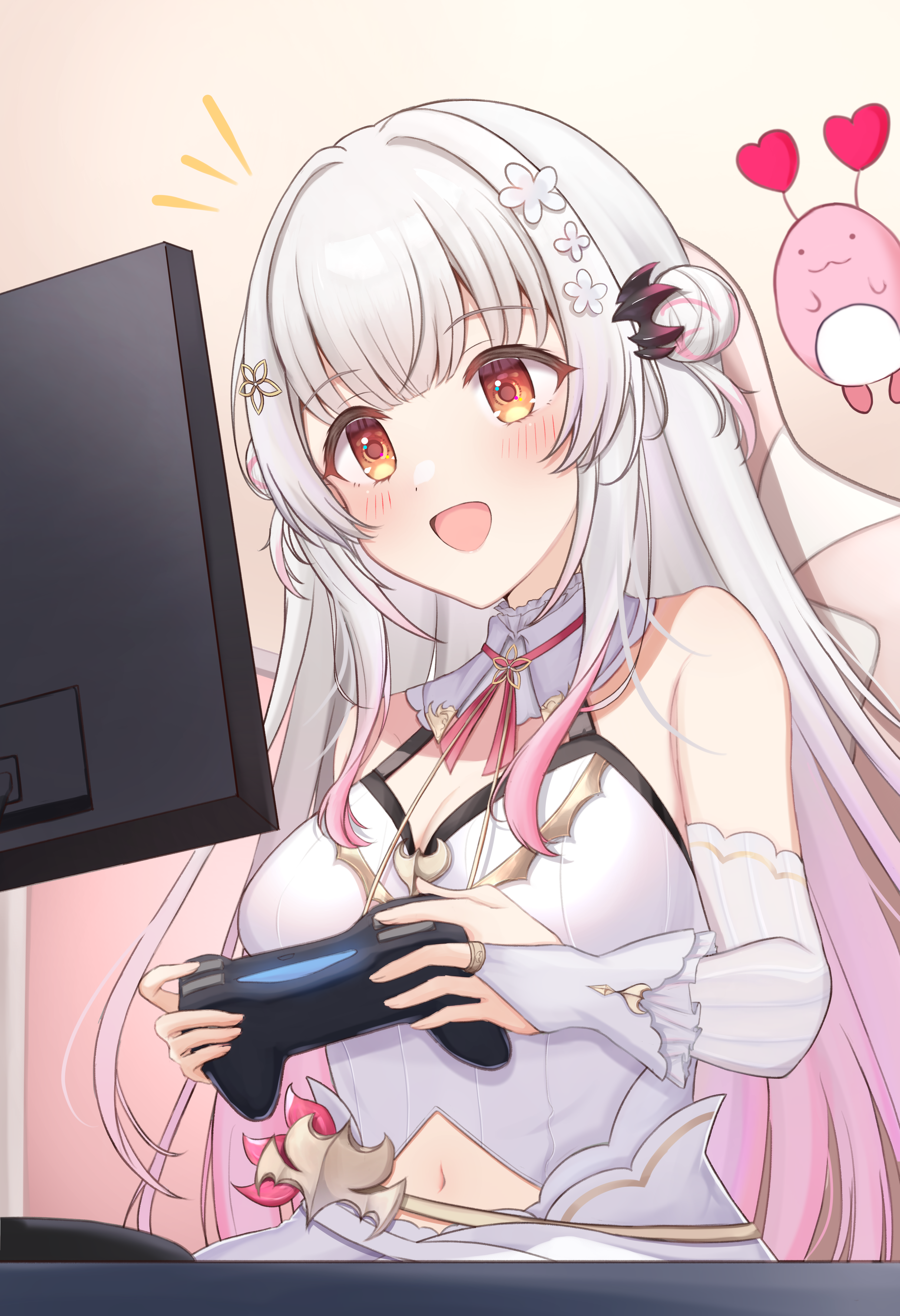 1girl :d absurdres bare_shoulders blush breasts bridal_gauntlets choppy_bangs clothing_cutout commentary_request controller daysss double_bun dualsense flower game_controller gloves gradient_background gradient_hair grey_hair hair_bun hair_flower hair_ornament halterneck highres holding holding_controller holding_game_controller indie_virtual_youtuber indoors kanikama_(suou_patra) large_breasts long_hair looking_at_screen multicolored_hair navel navel_cutout notice_lines official_alternate_costume open_mouth orange_eyes pink_hair playstation_controller side_up_bun sidelocks skirt smile solo suou_patra suou_patra_(10th_costume) virtual_youtuber white_gloves white_skirt