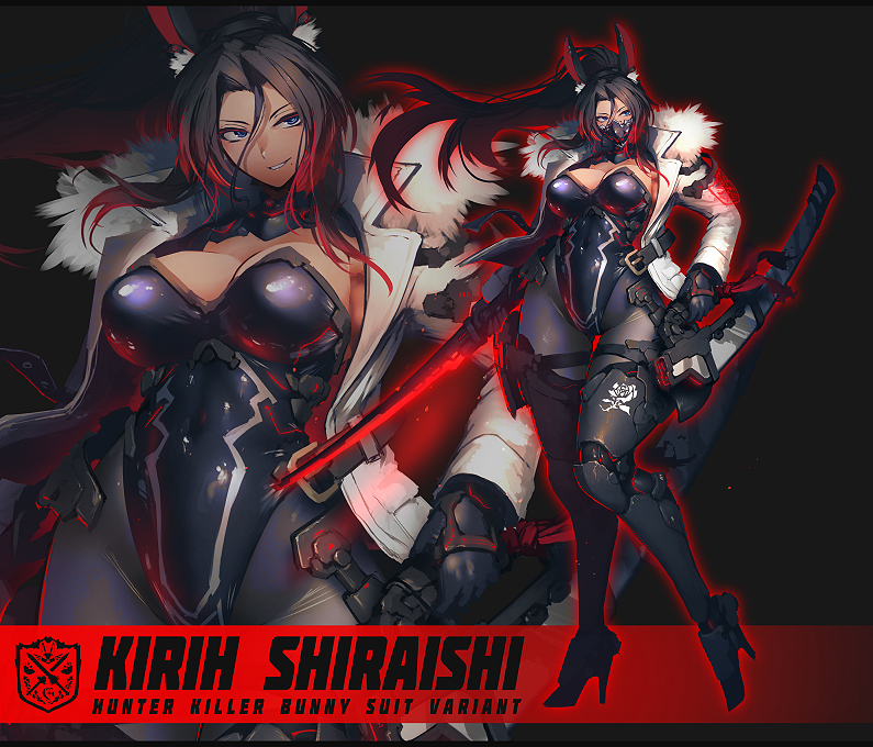 1girl blue_eyes breasts character_name cleavage commission english_text full_body fur_trim gloves hetza_(hellshock) high_heels holding holding_sword holding_weapon jacket large_breasts leotard long_hair mask mouth_mask multiple_views original pantyhose ponytail sheath skeb_commission smile sword weapon white_jacket