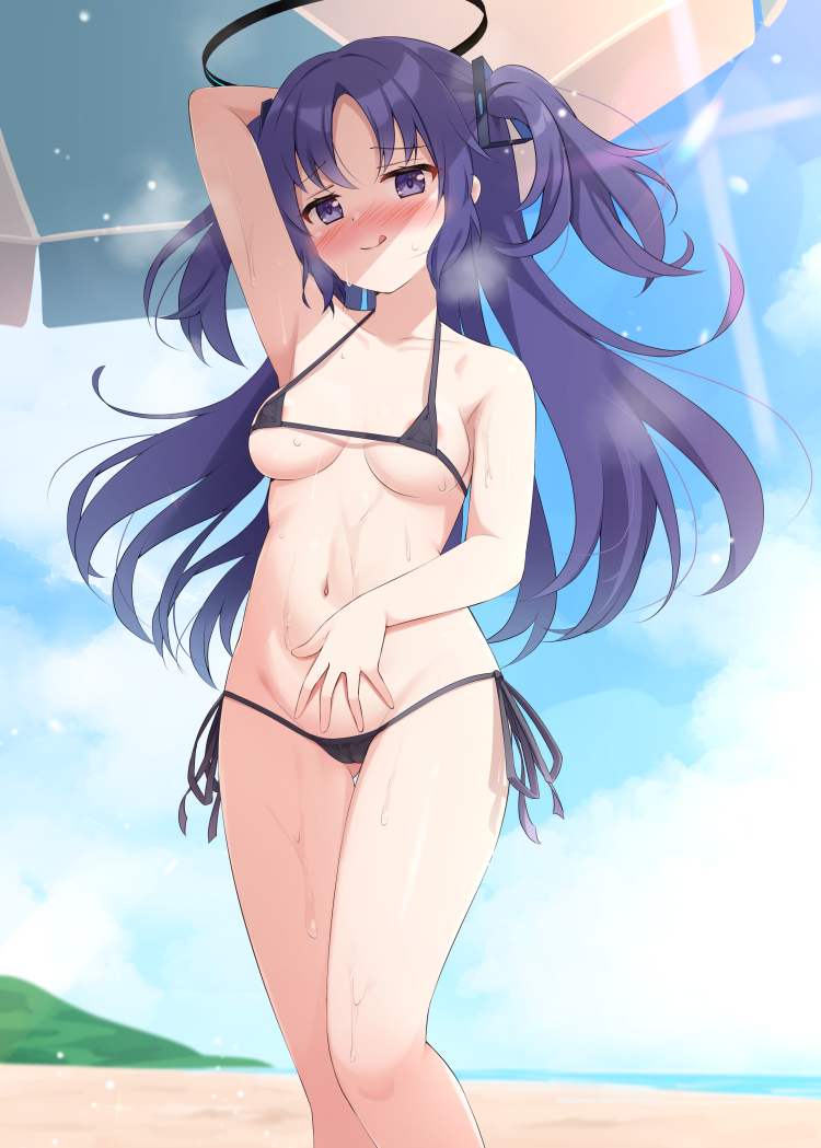 1girl alternate_costume arm_up bad_tag beach bikini black_bow blue_archive blue_sky blush bow breasts cameltoe closed_mouth commentary_request day feet_out_of_frame groin halo hand_on_own_stomach long_hair looking_at_viewer mechanical_halo medium_breasts micro_bikini mika_miche nose_blush outdoors purple_eyes side-tie_bikini_bottom sky smile solo standing string_bikini sweat swimsuit tongue tongue_out two_side_up very_sweaty yuuka_(blue_archive)