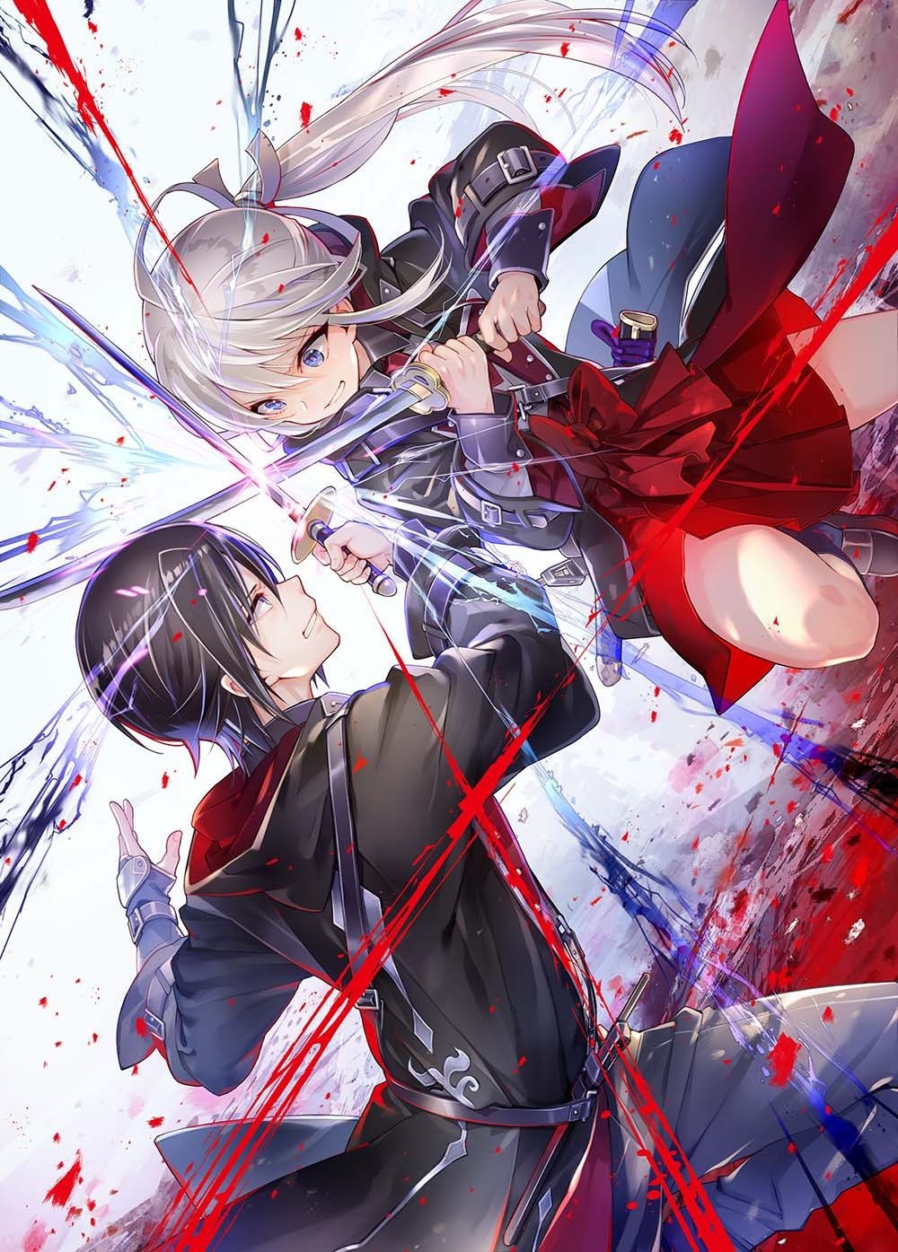 1boy 1girl black_hair black_jacket blue_eyes bow brown_eyes clash clenched_teeth cover_image duel eye_contact floating_hair grey_pants grin hair_ribbon highres holding holding_sword holding_weapon jacket long_hair long_sleeves looking_at_another miniskirt miyuki_ruria nanao_hibiya nanatsu_no_maken_ga_shihai_suru novel_illustration official_art oliver_horn pants pleated_skirt ponytail red_bow red_skirt ribbon skirt smile sword teeth textless_version very_long_hair weapon white_hair white_ribbon