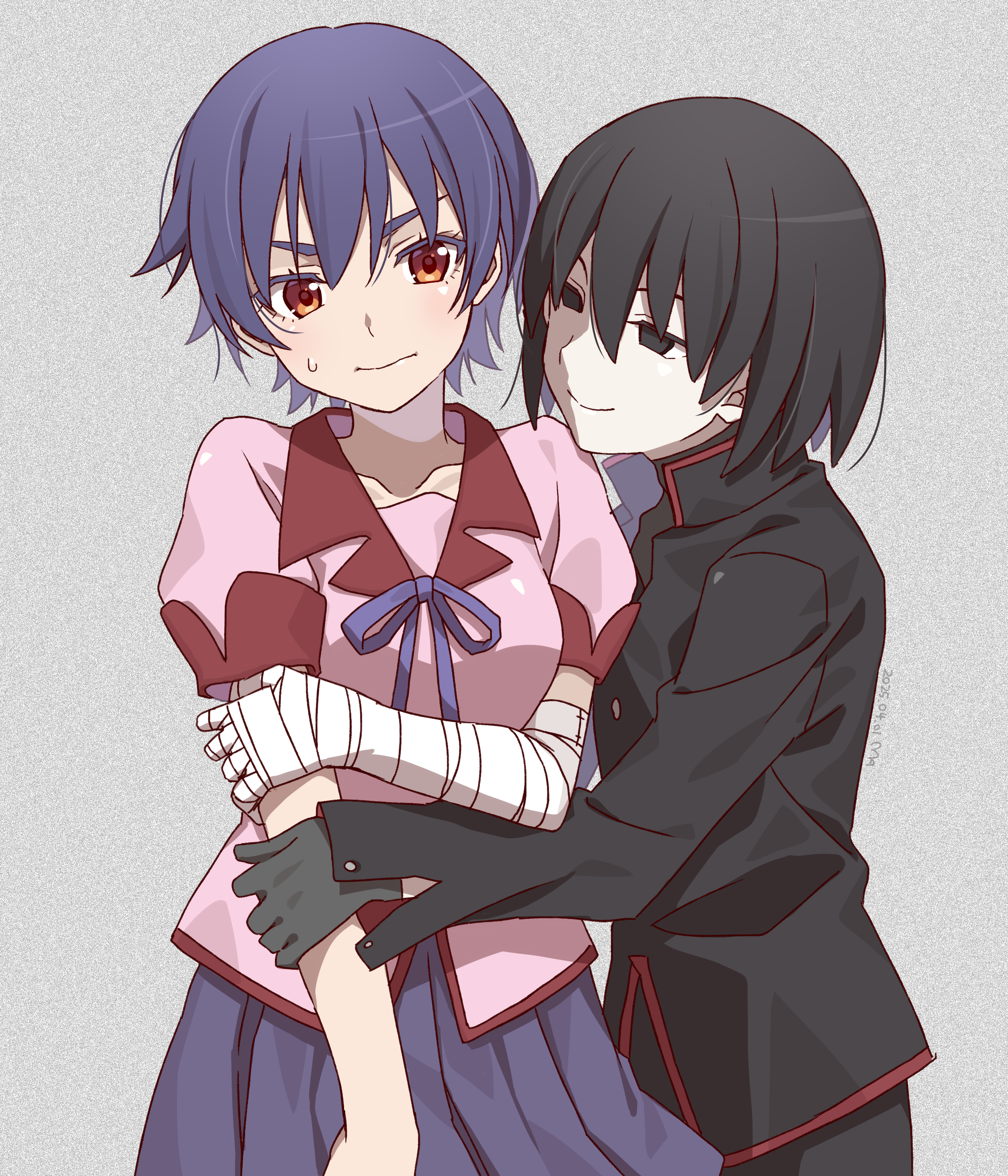 1boy 1girl absurdres bandaged_arm bandages black_eyes black_gloves black_hair black_jacket black_pants blue_hair bob_cut brown_eyes closed_mouth collared_shirt commentary_request cowboy_shot embarrassed gakuran gloves grey_background hand_on_another's_arm highres jacket kanbaru_suruga long_sleeves looking_at_another manimani_(mani_ma) monogatari_(series) naoetsu_high_school_uniform oshino_ougi pale_skin pants pink_shirt pleated_skirt school_uniform shirt short_hair short_sleeves simple_background skirt smile standing sweatdrop