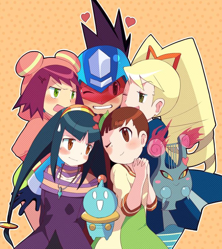 1boy 4girls ;) alien anger_vein assault_visor belle_(mega_man) black_hair blonde_hair blue_dress blue_helmet blush brown_eyes brown_hair dress drill_hair geo_stelar_(mega_man) green_eyes green_shorts harem heart helmet hertz_(mega_man) hood hoodie interlocked_fingers jewelry long_hair luna_platz_(mega_man) lyra_(mega_man) mega_man_(series) mega_man_star_force_(series) miyata_(lhr) multiple_girls necklace one_eye_closed own_hands_clasped own_hands_together pink_hair pink_hoodie purple_dress queen_tia_(mega_man) short_hair shorts side_ponytail smile sonia_strumm_(mega_man) spiked_hair star_force_mega_man sweatdrop twin_drills