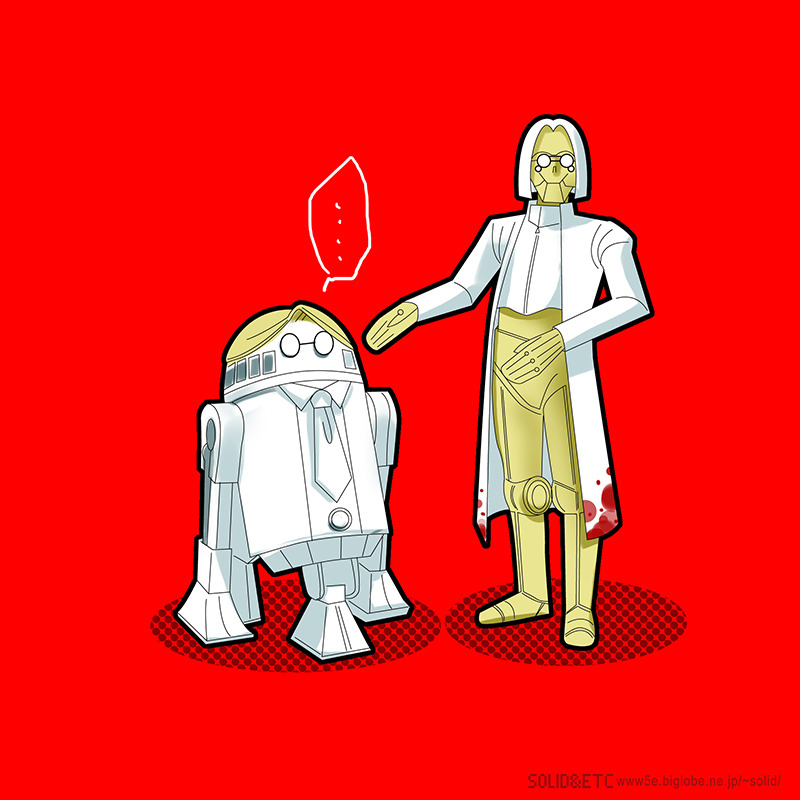 ... artist_name blood blood_on_clothes c-3po cosplay doctor_(hellsing) doctor_(hellsing)_(cosplay) glasses hellsing lab_coat major_(hellsing) major_(hellsing)_(cosplay) necktie r2-d2 red_background robot spoken_ellipsis star_wars toshimichi_yukari watermark web_address white_hair white_necktie