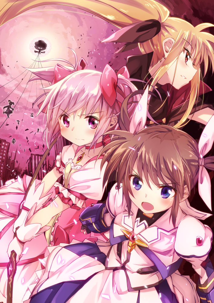 00s 10s 3girls blonde_hair blue_eyes blush bow bow_(weapon) brown_hair bun150 choker commentary_request crossover familiar_(madoka_magica) fate_testarossa fate_testarossa_(movie_1st_form) gloves hair_bow hair_ribbon kaname_madoka kaname_madoka_(magical_girl) long_hair lyrical_nanoha magical_girl mahou_shoujo_lyrical_nanoha mahou_shoujo_madoka_magica mahou_shoujo_madoka_magica_(anime) multiple_girls open_mouth pink_eyes pink_gloves pink_hair red_eyes ribbon short_hair short_twintails takamachi_nanoha takamachi_nanoha_(movie_1st_mode) twintails very_long_hair walpurgisnacht&#039;s_familiars walpurgisnacht_(madoka_magica) weapon witch_(madoka_magica)