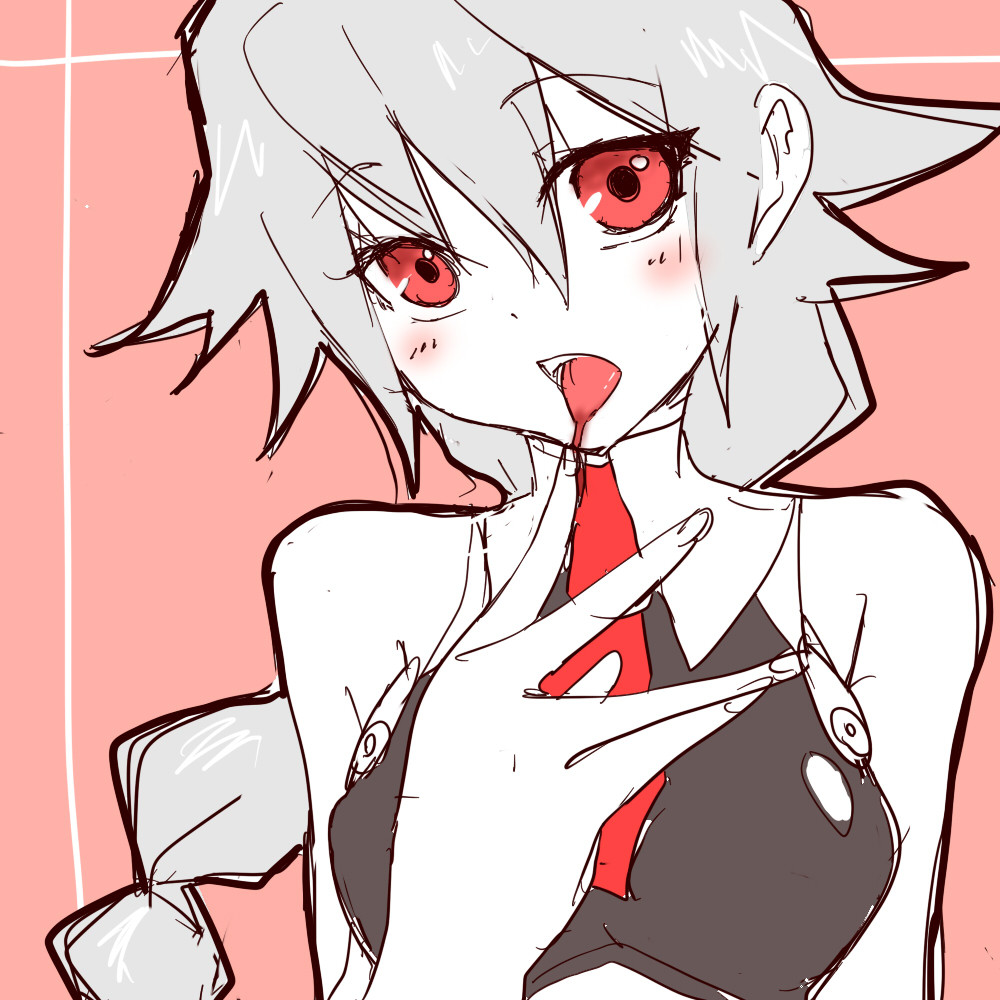 1girl arc_system_works bare_shoulders blazblue blush braid breasts cosplay female_focus licking licking_finger long_hair necktie noel_vermillion noel_vermillion_(cosplay) nu-13 red_eyes silver_hair single_braid solo upper_body yuzuki_(nostalgic1029)