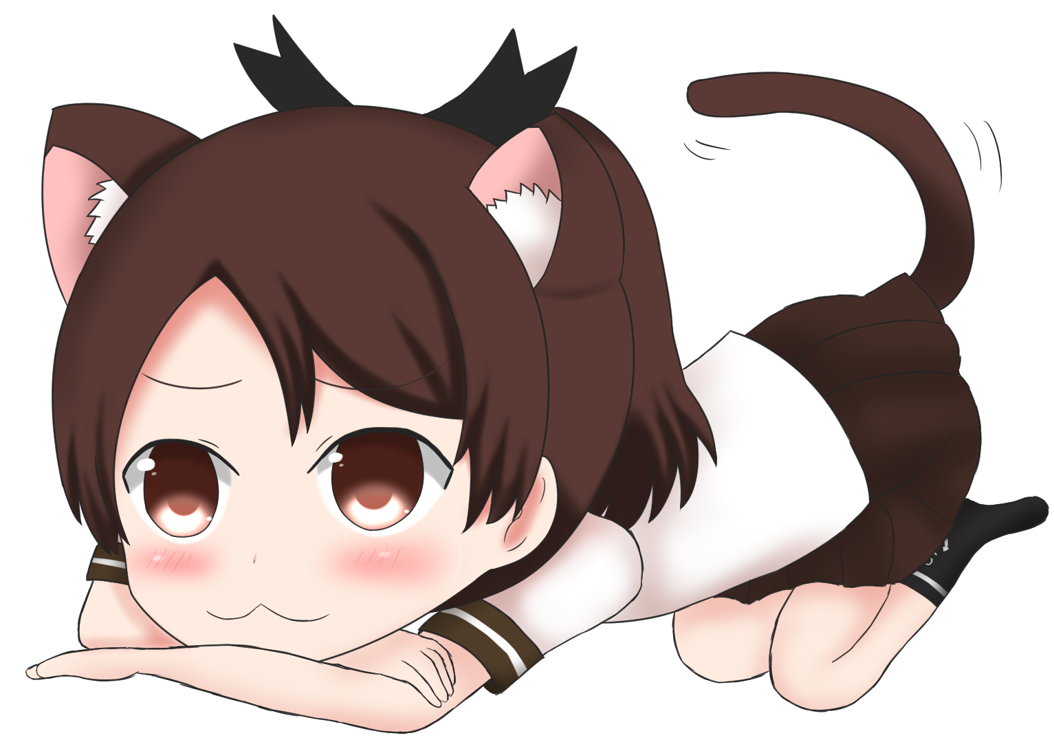 10s 1girl anchor_symbol animal_ears black_legwear brown_eyes brown_hair commentary_request etowaaru eyebrows female_focus kantai_collection kemonomimi_mode long_hair ponytail school_uniform serafuku shikinami_(kancolle) simple_background solo tail wavy_mouth white_background