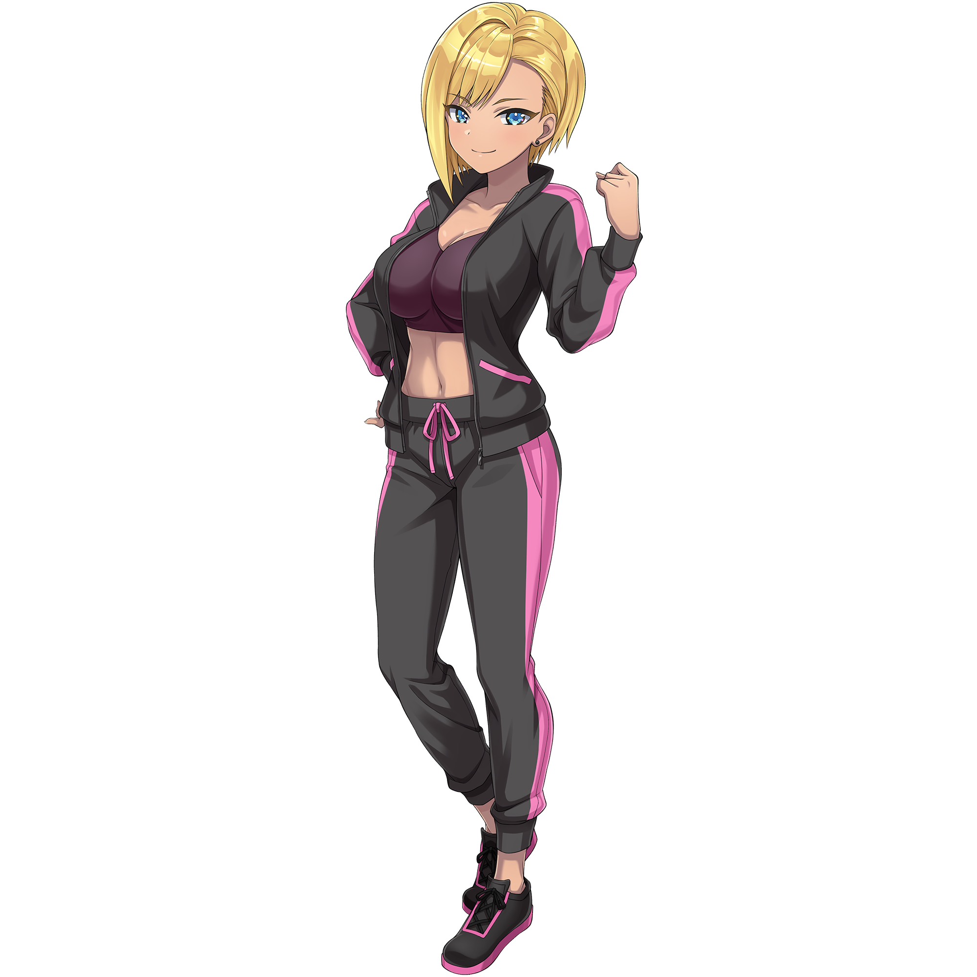 1girl arm_up black_jacket black_pants black_shoes blonde_hair blue_eyes breasts cleavage closed_mouth crop_top dark-skinned_female dark_skin diving_suit dolphin_wave dutch_angle earrings game_cg hand_on_own_hip highres jacket jewelry large_breasts looking_at_viewer multicolored_jacket murahaya_mashio navel non-web_source official_art ootomo_takuji open_clothes open_jacket pants purple_shirt shirt shoes short_hair smile solo sweatpants swept_bangs transparent_background two-tone_jacket two-tone_pants