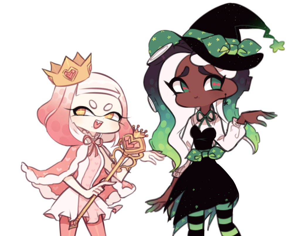 +_+ 2girls bad_id bad_tumblr_id bare_arms black_dress black_hair black_hat black_pantyhose blouse bow cape cephalopod_eyes charamells closed_mouth collared_shirt commentary cowboy_shot crown dark-skinned_female dark_skin dress earrings english_commentary fang floating_earrings frilled_shirt frilled_shirt_collar frills fur-trimmed_cape fur_trim gem gradient_hair green_bow green_eyes green_hair green_nails green_pantyhose green_ribbon halloween_costume hat hat_bow hat_ornament heart heart-shaped_gem heart_print heart_wand height_difference high_collar holding holding_wand jewelry long_hair long_sleeves marina_(splatoon) medium_hair mole mole_under_mouth multicolored_hair multiple_girls neck_ribbon nintendo open_mouth pantyhose pearl_(splatoon) pink_cape pink_gemstone pink_hair pink_pantyhose pink_pupils pink_ribbon ribbon shirt short_dress simple_background sleeveless sleeveless_shirt smile splatoon_(series) star_(symbol) star_hat_ornament star_print strapless strapless_dress striped_clothes striped_pantyhose teeth tentacle_hair thick_eyebrows torn_clothes torn_dress two-sided_fabric two-sided_headwear two-tone_pantyhose unmoving_pattern upper_teeth_only waist_bow wand white_background white_shirt white_sleeves witch witch_hat yellow_crown yellow_eyes