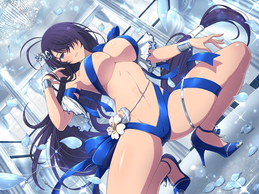 antenna_hair ballroom belly_chain black_hair blue_eyes blue_footwear blush breasts chandelier cleavage dragon_hair_ornament dress_ribbon falling_petals flower hair_over_one_eye high_heels ikkitousen indoors jewelry kan&#039;u_unchou large_breasts long_hair looking_at_viewer low-tied_long_hair navel official_art open_mouth petals senran_kagura senran_kagura_new_link shiny_skin smile squatting tan underboob very_long_hair white_flower wrapped wrist_cuffs