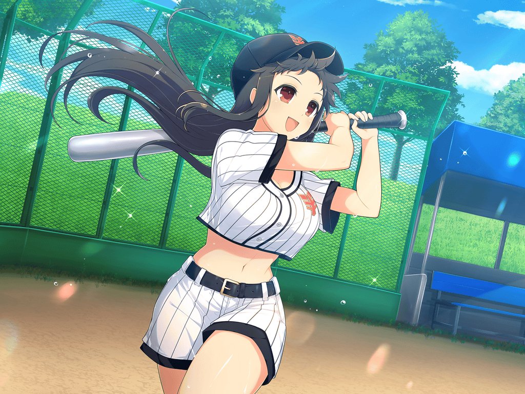 1girl :d ayame_(senran_kagura) baseball baseball_bat baseball_cap baseball_jersey baseball_stadium baseball_uniform belt belt_buckle bench black_belt black_hair blue_sky blush breasts buckle chain-link_fence cleavage cloud crop_top crop_top_overhang day fence field flying_sweatdrops grass hat holding holding_baseball_bat jersey large_breasts lens_flare light_particles linea_alba long_hair metal_baseball_bat midriff navel official_alternate_costume official_art open_mouth outdoors over_shoulder plant playing_sports red_eyes school_emblem senran_kagura senran_kagura_new_link senran_kagura_new_wave shiny_skin short_shorts short_sleeves shorts sky smile solo sparkle sportswear standing stomach sweat swinging tree white_shorts yaegashi_nan