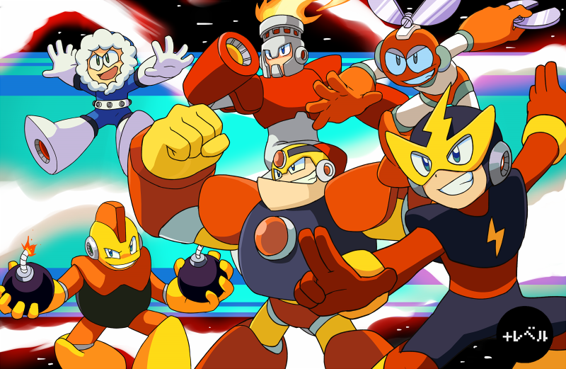 6+boys android arm_cannon blue_eyes bomb bomb_man cut_man elec_man explosive fire fire_man guts_man ice_man mega_man_(classic) mega_man_(series) mega_man_1 multiple_boys official_style open_mouth rinji_(bonus-level) robot rockman_(game) smile watermark weapon