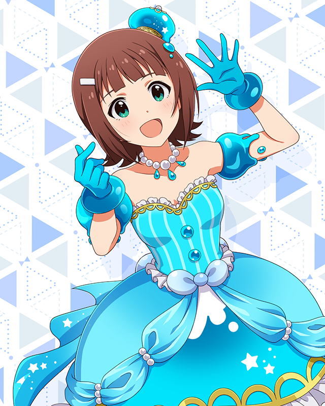 1girl amami_haruka aqua_dress aqua_gloves aqua_hat armlet bare_shoulders brown_hair cowboy_shot dress drop_shadow frilled_dress frills gloves green_eyes hair_ornament hairclip hands_up hat idolmaster idolmaster_(classic) idolmaster_million_live! idolmaster_million_live!_theater_days jewelry mini_hat monster!_slime_(idolmaster) necklace off-shoulder_dress off_shoulder official_art open_hand open_mouth palms pearl_necklace short_hair smile solo spread_fingers standing tilted_headwear triangle