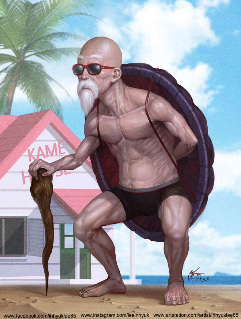 1boy artist_name bald beard closed_mouth cloud cloudy_sky collarbone commentary commentary_request day dragon_ball dragon_ball_(classic) english_commentary english_text facial_hair full_body holding holding_staff house in-hyuk_lee island kame_house male_focus mixed-language_commentary mustache muten_roushi ocean old old_man outdoors palm_tree realistic red-framed_eyewear signature sky solo staff sunglasses topless_male tree watermark web_address