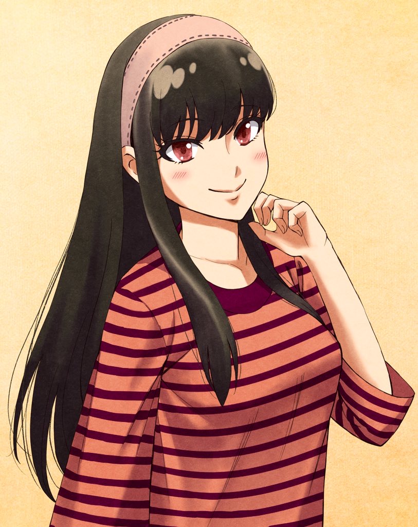 1girl arm_at_side bad_id bad_pixiv_id black_hair blush breasts closed_mouth edaori female_focus hairband hand_up long_hair long_sleeves looking_at_viewer medium_breasts red_eyes shirt sidelocks smile solo spy_x_family striped_clothes striped_shirt t-shirt upper_body yellow_background yor_briar