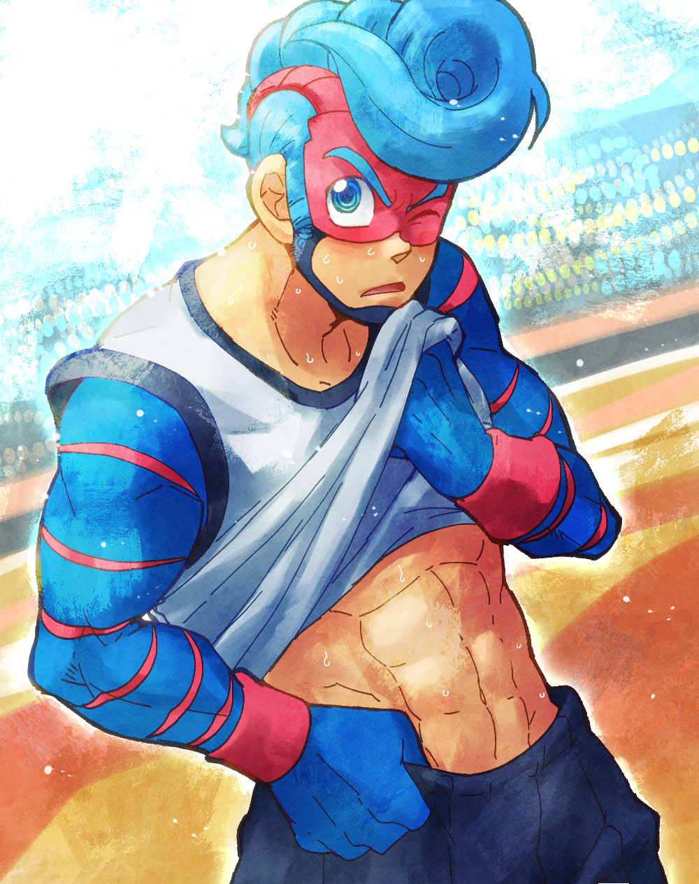 1boy 2018 abs arms_(game) blue_eyes blue_hair clothes_lift cowboy_shot domino_mask highres hizuki_(hiduki6121) mask muscular muscular_male nintendo open_mouth pompadour shirt_lift solo spring_man_(arms) sweat