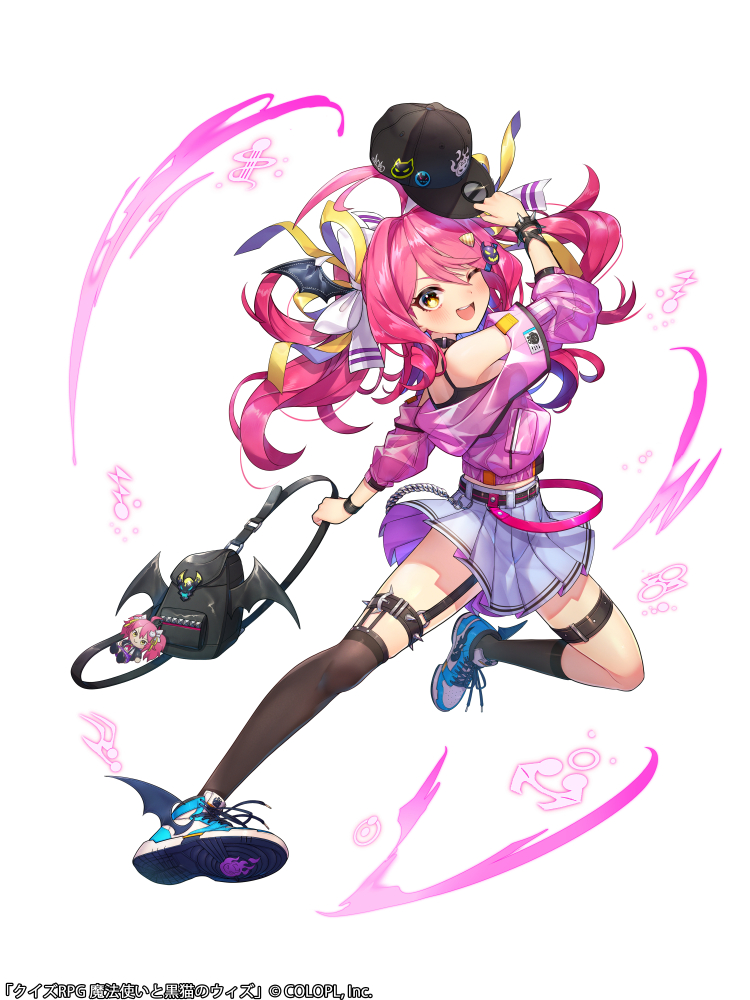 1girl ;d arm_up asymmetrical_legwear backpack bag baseball_cap copyright_name dygy foot_up full_body hat holding holding_bag holding_unworn_clothes holding_unworn_hat jacket jumping kneehighs kt._(kaisou-notagui) long_hair mahou_tsukai_to_kuroneko_no_wiz miniskirt off_shoulder official_art one_eye_closed open_mouth over-kneehighs pink_hair shoes simple_background single_kneehigh single_over-kneehigh single_sock single_thighhigh skirt smile sneakers socks solo thighhighs unworn_hat unworn_headwear white_background wristband yellow_eyes