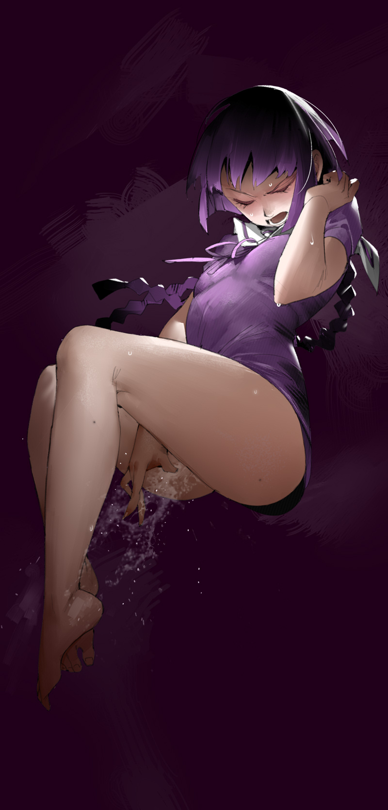 1girl barefoot blush boruto:_naruto_next_generations braid closed_eyes commentary_request dress female_ejaculation female_masturbation full_body highres hua_zhong_yu kakei_sumire low_twin_braids masturbation naruto_(series) open_mouth purple_dress purple_hair pussy_juice sample_watermark short_dress solo sweat twin_braids watermark