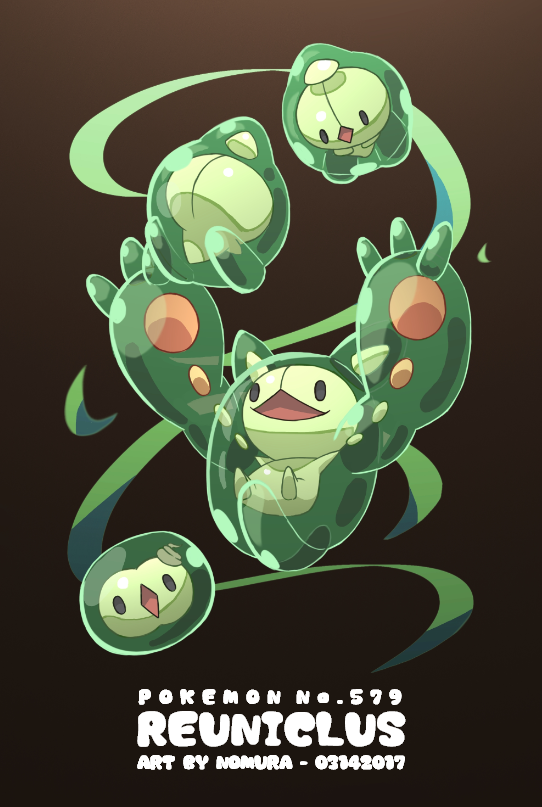 artist_name black_eyes brown_background character_name commentary_request copyright_name dated diamond_mouth duosion evolutionary_line full_body gen_5_pokemon gradient_background nintendo no_humans nomura_(arumon) open_mouth pokedex_number pokemon pokemon_(creature) reuniclus solosis
