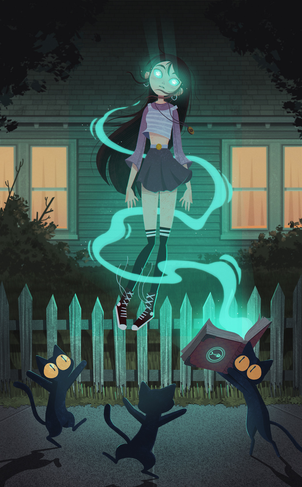 1960s_(style) animal bewitched black_cat book brown_hair cartoonized cat colored_sclera commentary earrings english_commentary familiar fantasy fence floating glowing glowing_eyes green_sclera hakurei_frontier_spell_strive highres holding holding_book house jewelry kneehighs long_hair magic magic_school_uniform_(mahou_girls_precure!) night oldschool outdoors retro_artstyle ritual school_uniform shadow sidewalk skirt socks symbol-shaped_pupils teo_skaffa toon_(style) touhou trimmed_tail umamusume urban_fantasy window wooden_fence yellow_sclera |_|