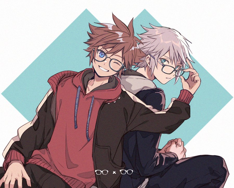 2boys adjusting_another&#039;s_eyewear aqua_eyes black_jacket black_pants blue_eyes brown_hair glasses grey_hair grin hair_between_eyes hood hood_down hoodie jacket kingdom_hearts kingdom_hearts_iii long_sleeves looking_back male_focus multiple_boys one_eye_closed pants parted_lips red_hoodie riku_(kingdom_hearts) short_hair smile sora_(kingdom_hearts) spiked_hair teeth track_jacket upper_body yurichi_(artist)