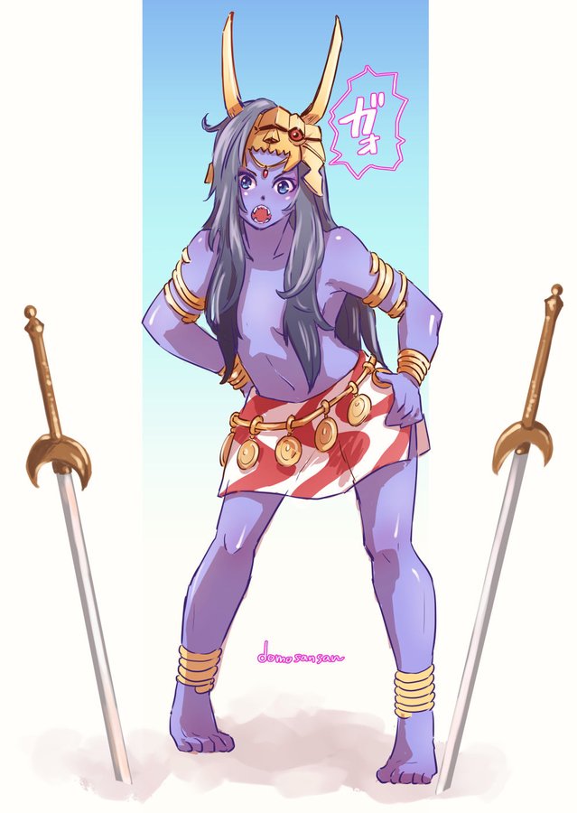1girl anklet armlet black_hair blue_eyes blue_skin bracelet breasts colored_skin full_body gao gold_belt hair_over_breasts hands_on_own_hips jewelry legs_apart long_hair looking_at_viewer medium_breasts miniskirt navel open_mouth planted planted_sword planted_weapon red_skirt sharp_teeth shin_megami_tensei shinabita_nasubi skirt solo standing sword teeth tiptoes topless_female two-tone_skirt weapon white_skirt yaksini_(megami_tensei)