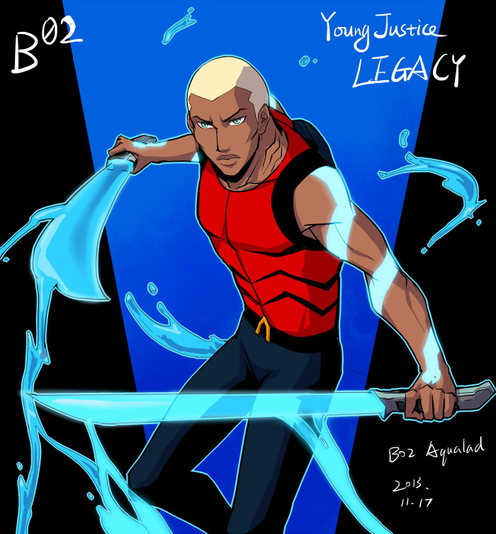 10s 1boy 2013 aqua_lad blonde_hair character_name dark_skin dark-skinned_male dc_comics gills kaldur&#039;ahm male_focus riyan sleeveless solo water weapon young_justice:_invasion